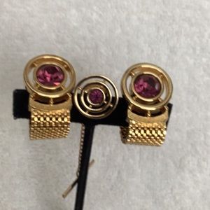 Vintage Cufflinks with Tie Pin in GoldTone with Deep Purple Cryst…